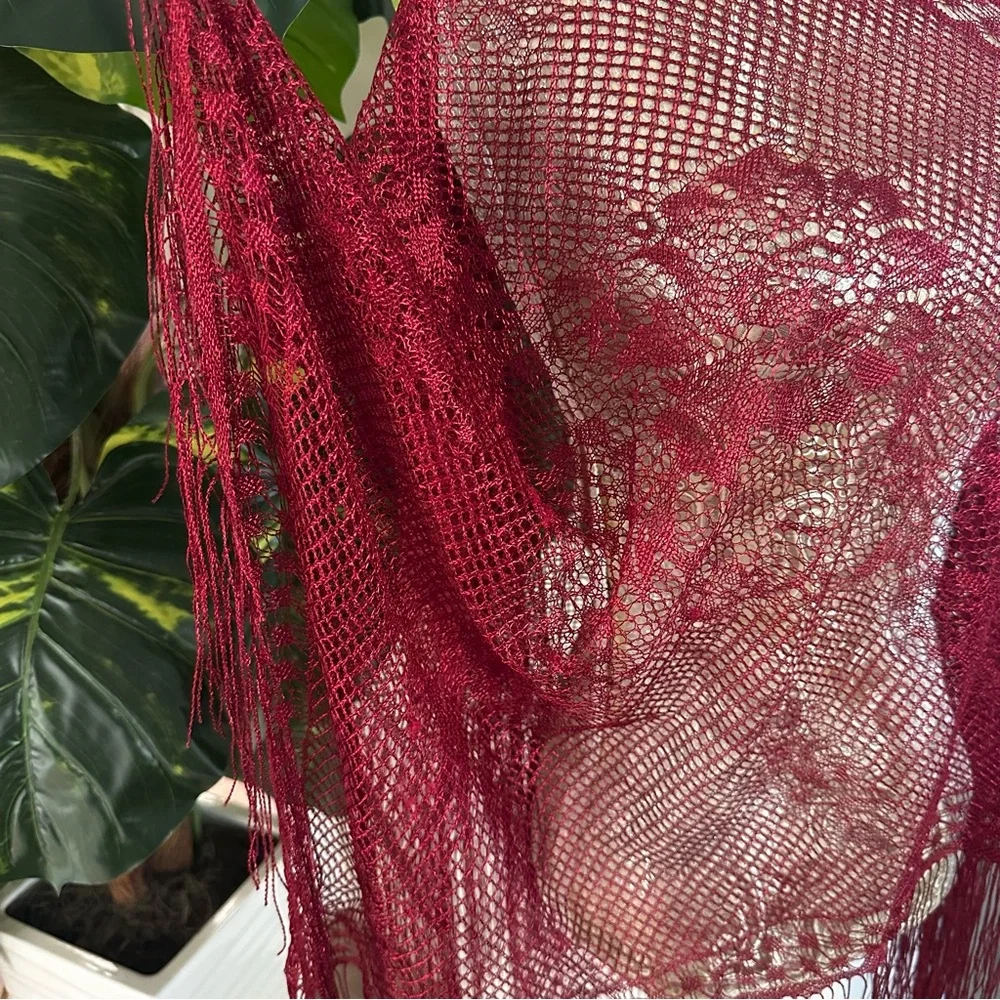 Sexy Burgundy Fringe Shawl Beach Vacation Summer Coachella Poolside Bikini Cover - Picture 3 of 7